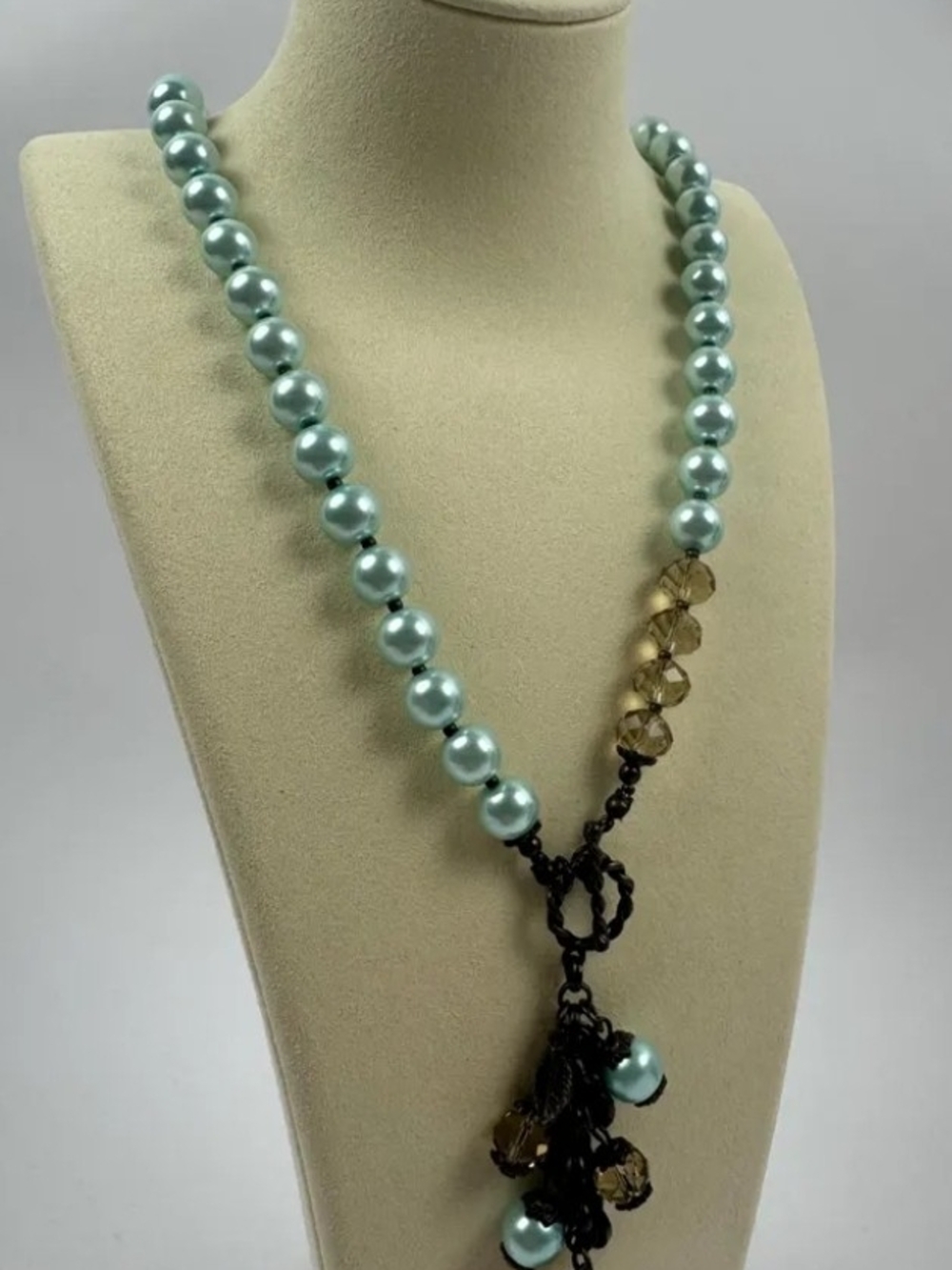 Plunder Aqua Pearl and Amber Bead Tassel Necklace $25 EUC